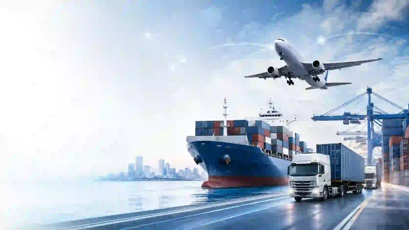 Container ship and freight trucks at an international cargo terminal