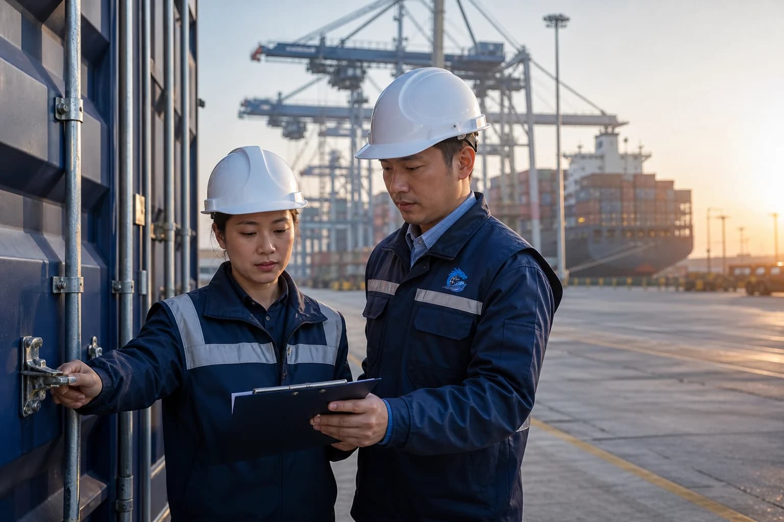 Dragonwin sea freight professionals coordinating a container inspection at an international port