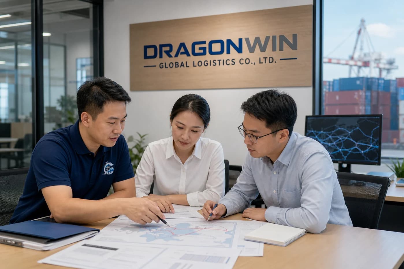 Dragonwin logistics team reviewing a shipment plan in a bright operations office