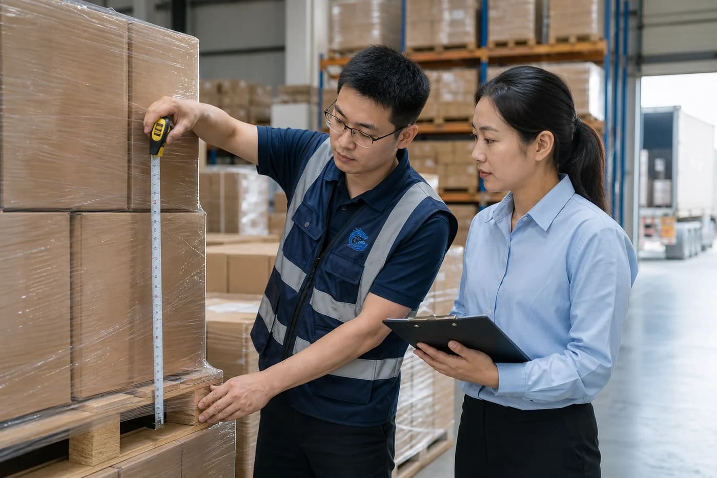 Dragonwin logistics specialist and customer inspecting palletized export cargo in a warehouse